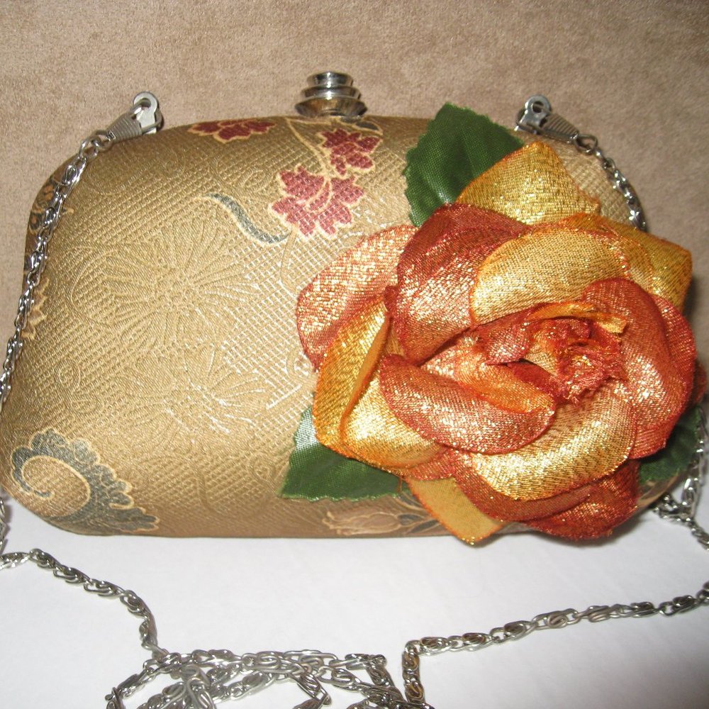 Clamshell Clutch Handbag Purse Brocade Floral Hippie Boho Long Chain Strap EUC